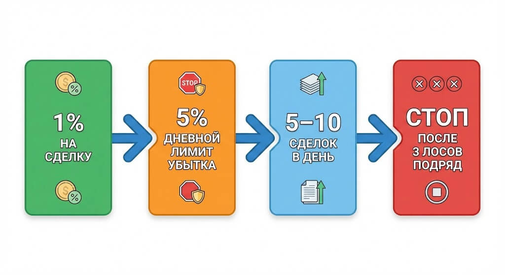 Схема лимитов: риск на сделку, дневная просадка и количество сделок