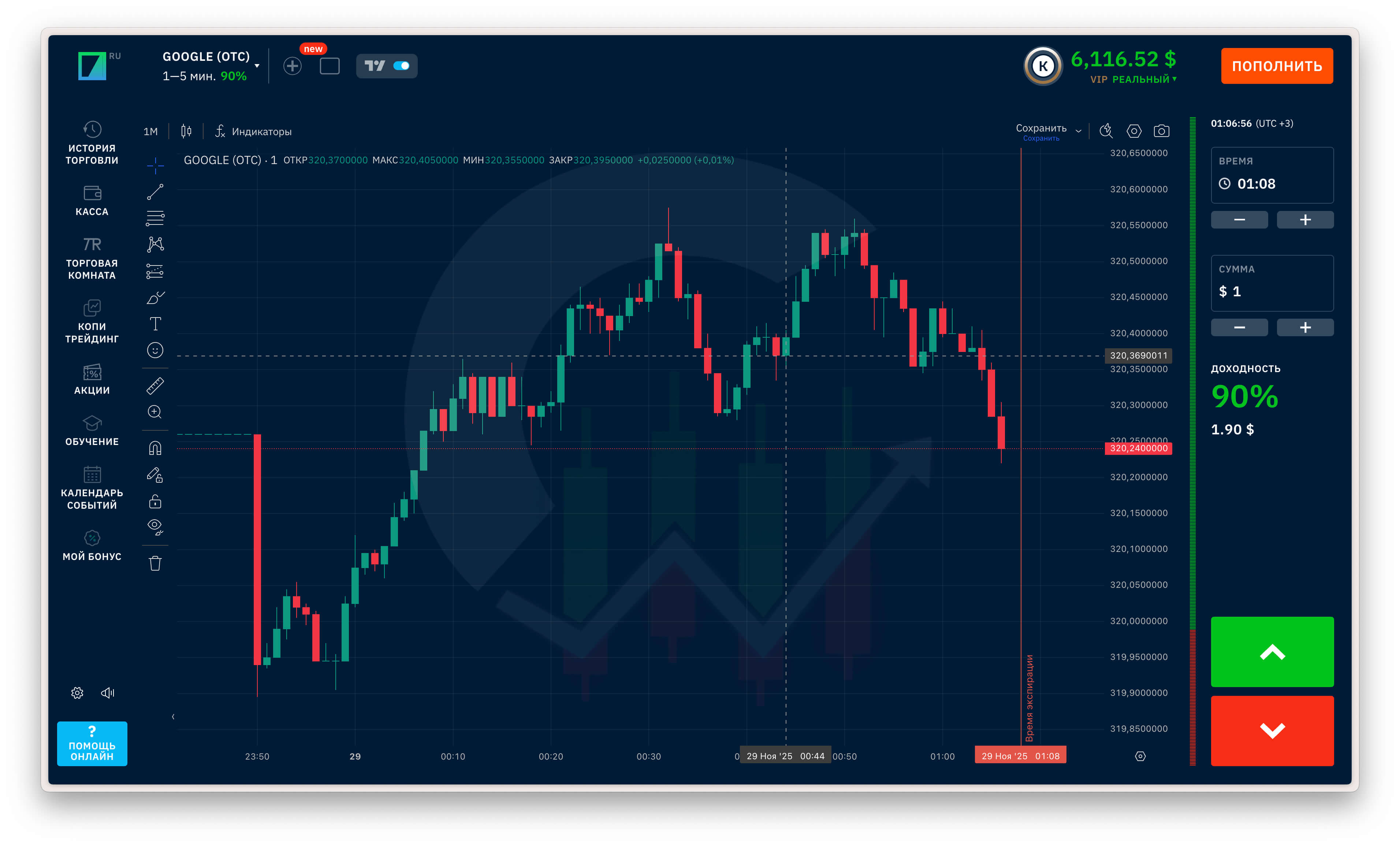 Интерфейс Binarium для краткосрочной торговли и скальпинга