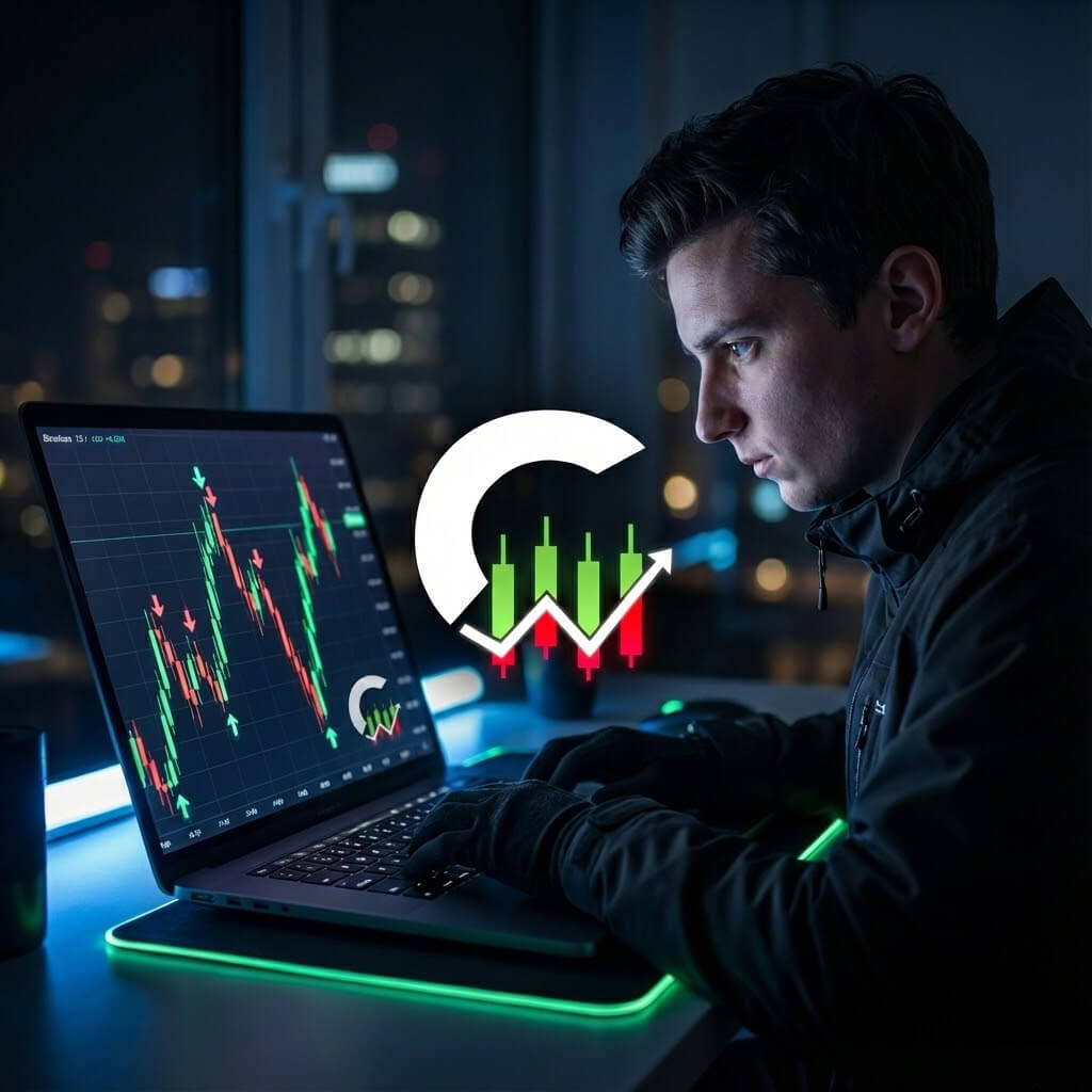 Процесс скальпинга: трейдер анализирует график на ноутбуке