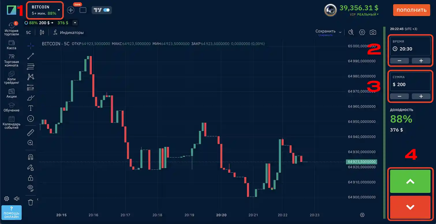 Интерфейс сделки с бинарными опционами: выбор времени, суммы и направления сделки