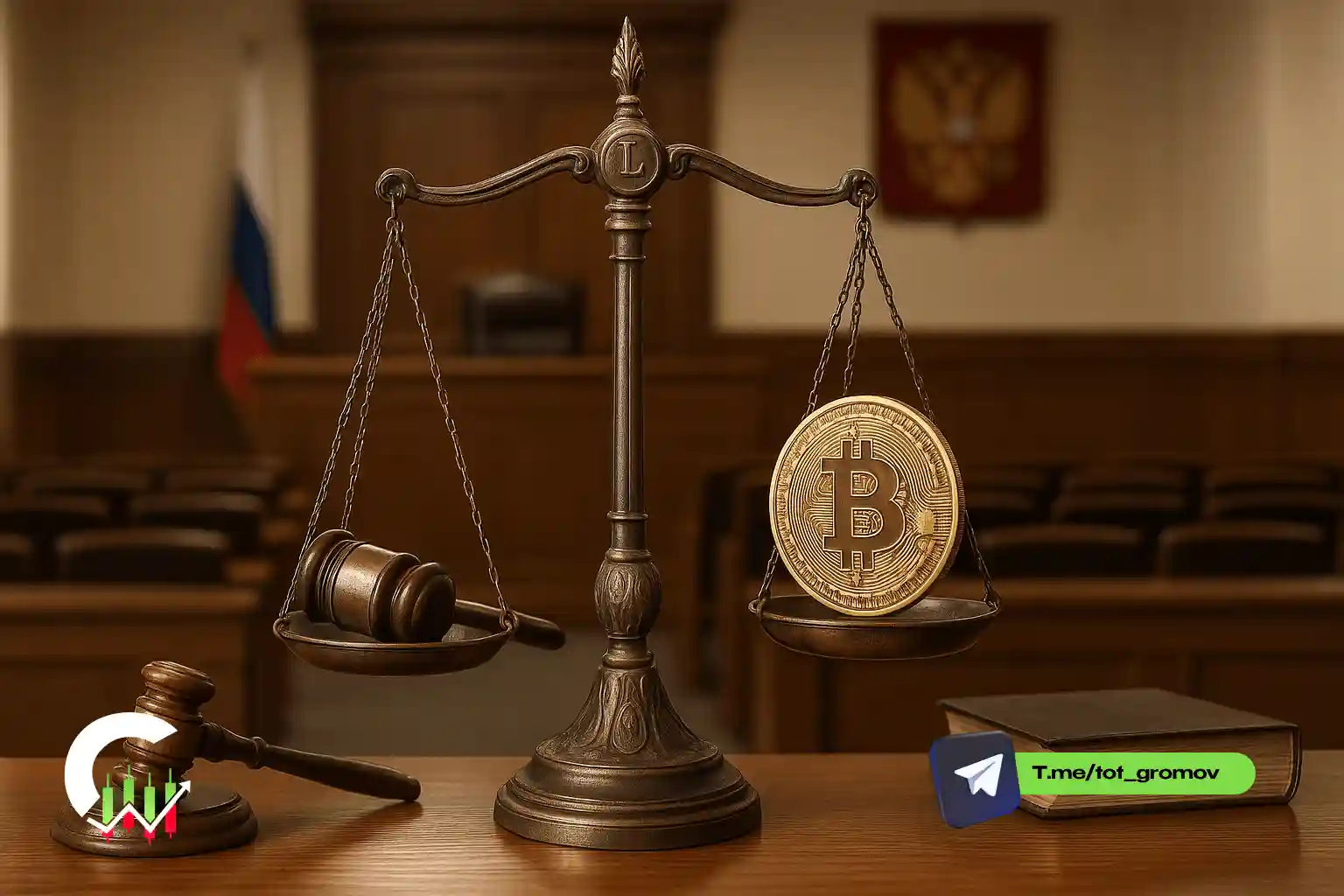 Весы правосудия и монета биткоина в зале суда — правовой статус BTC в России