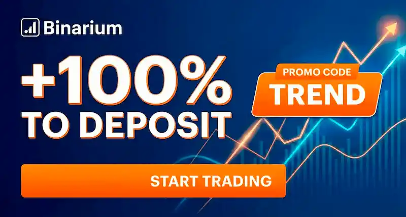 TREND promo code banner with a +100% deposit bonus on Binarium