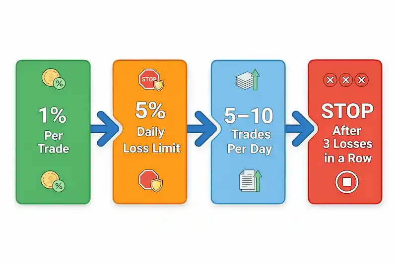 Limits flowchart: risk per trade, daily drawdown, and number of trades