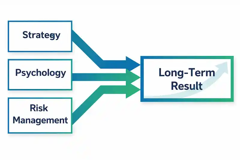 Diagram: how strategy, psychology, and risk management affect long-term results
