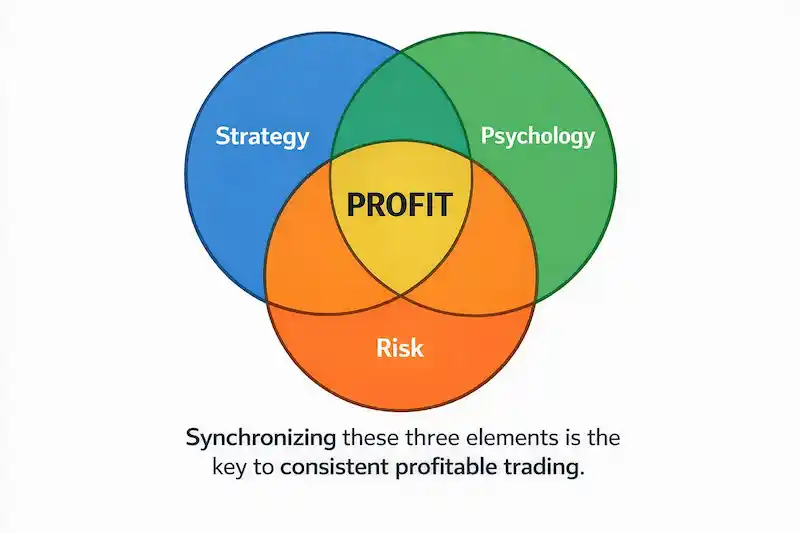 Relationship between strategy, psychology, and risk management in profitable trading
