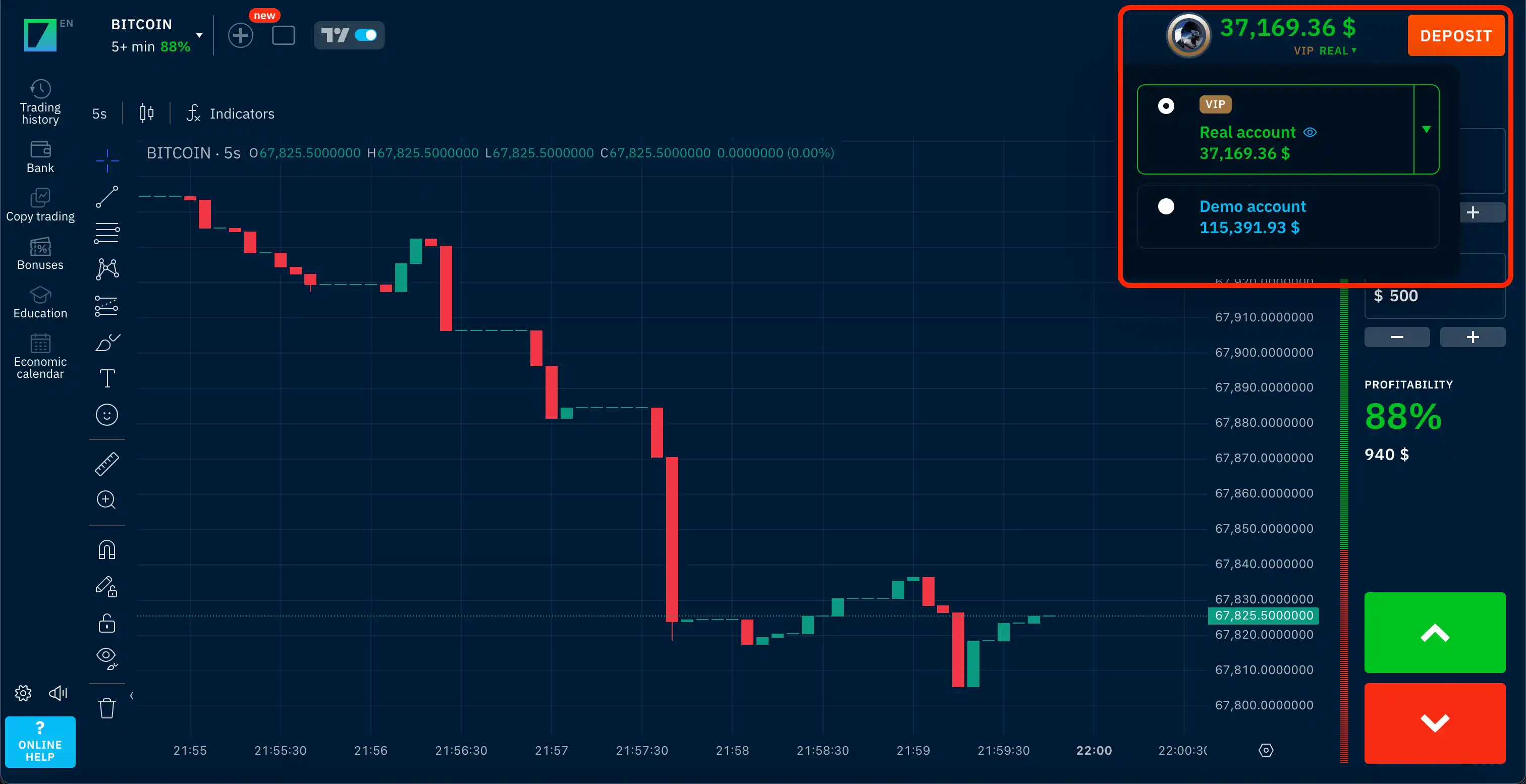 Binarium demo account interface — virtual balance and trading terminal