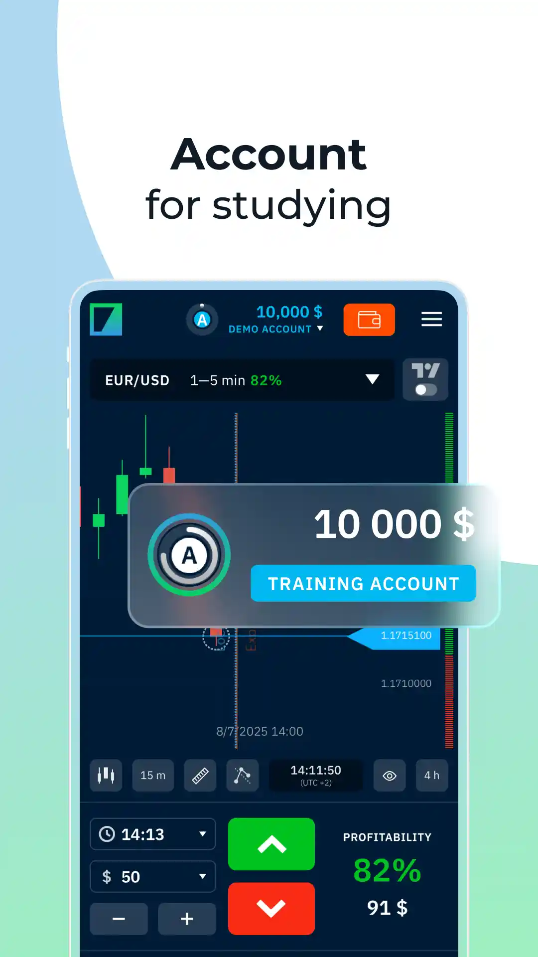 Binarium mobile app interface — trading screen with candlestick chart