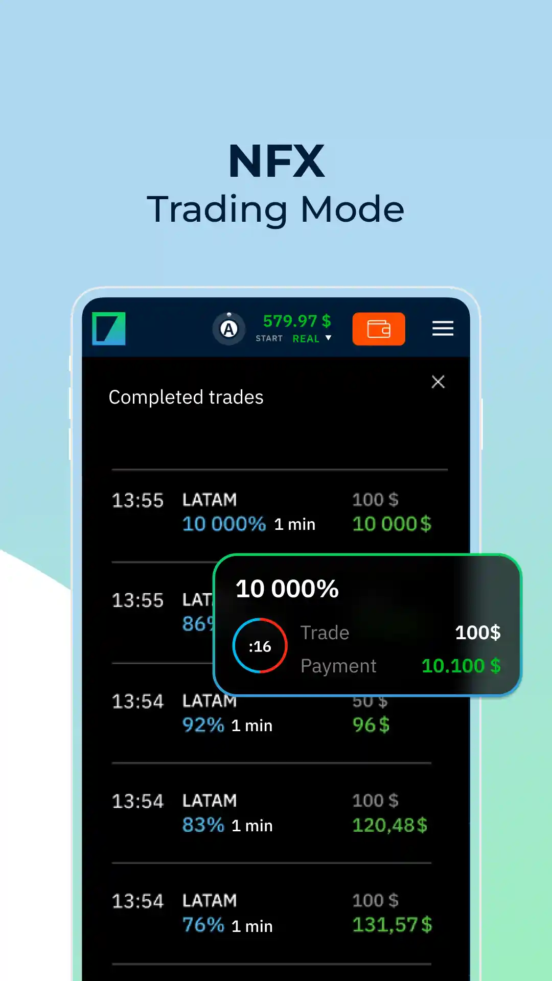 Open trades in the Binarium mobile app — current positions and results