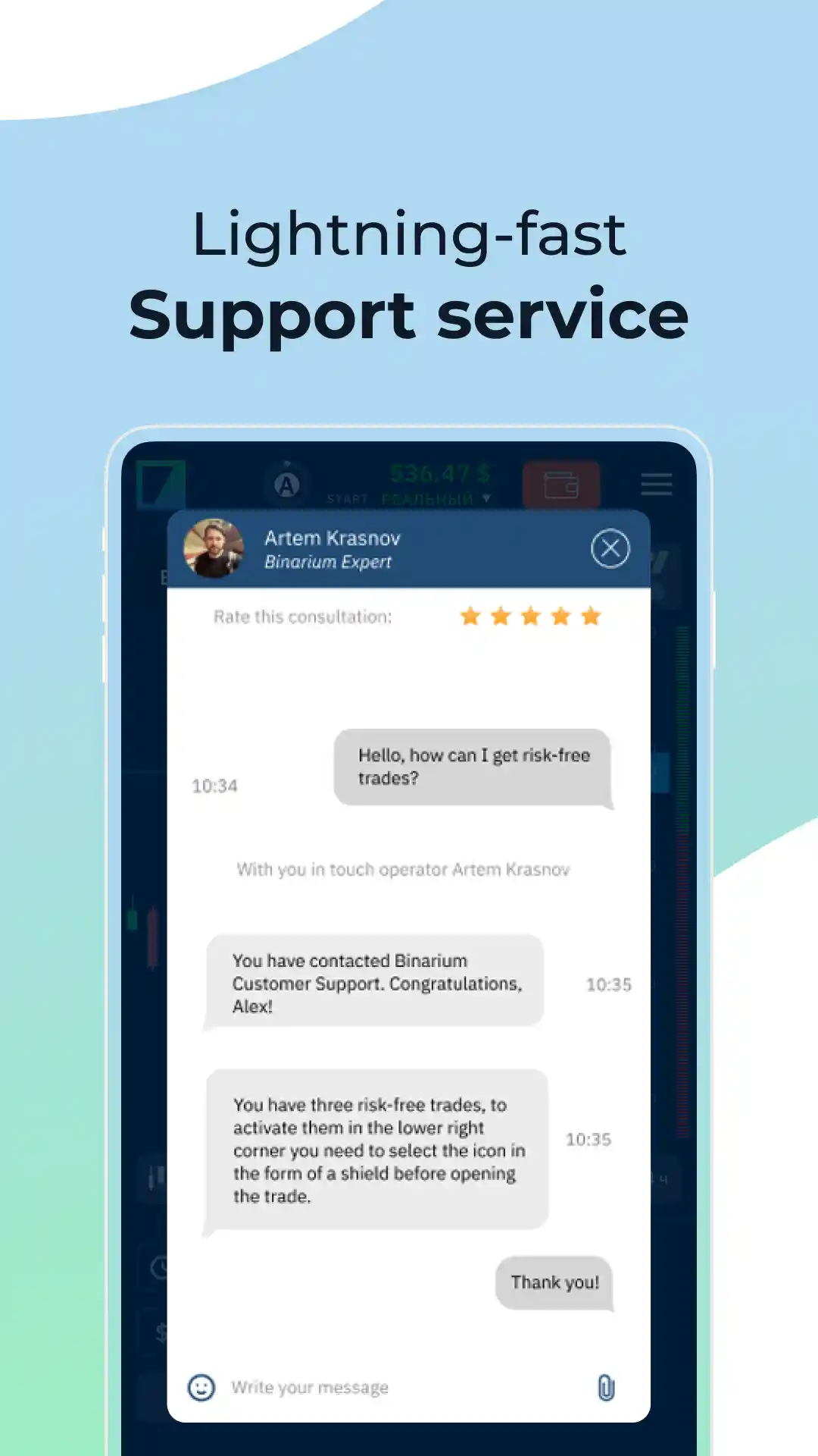 Binarium support chat — instant help directly from the mobile app