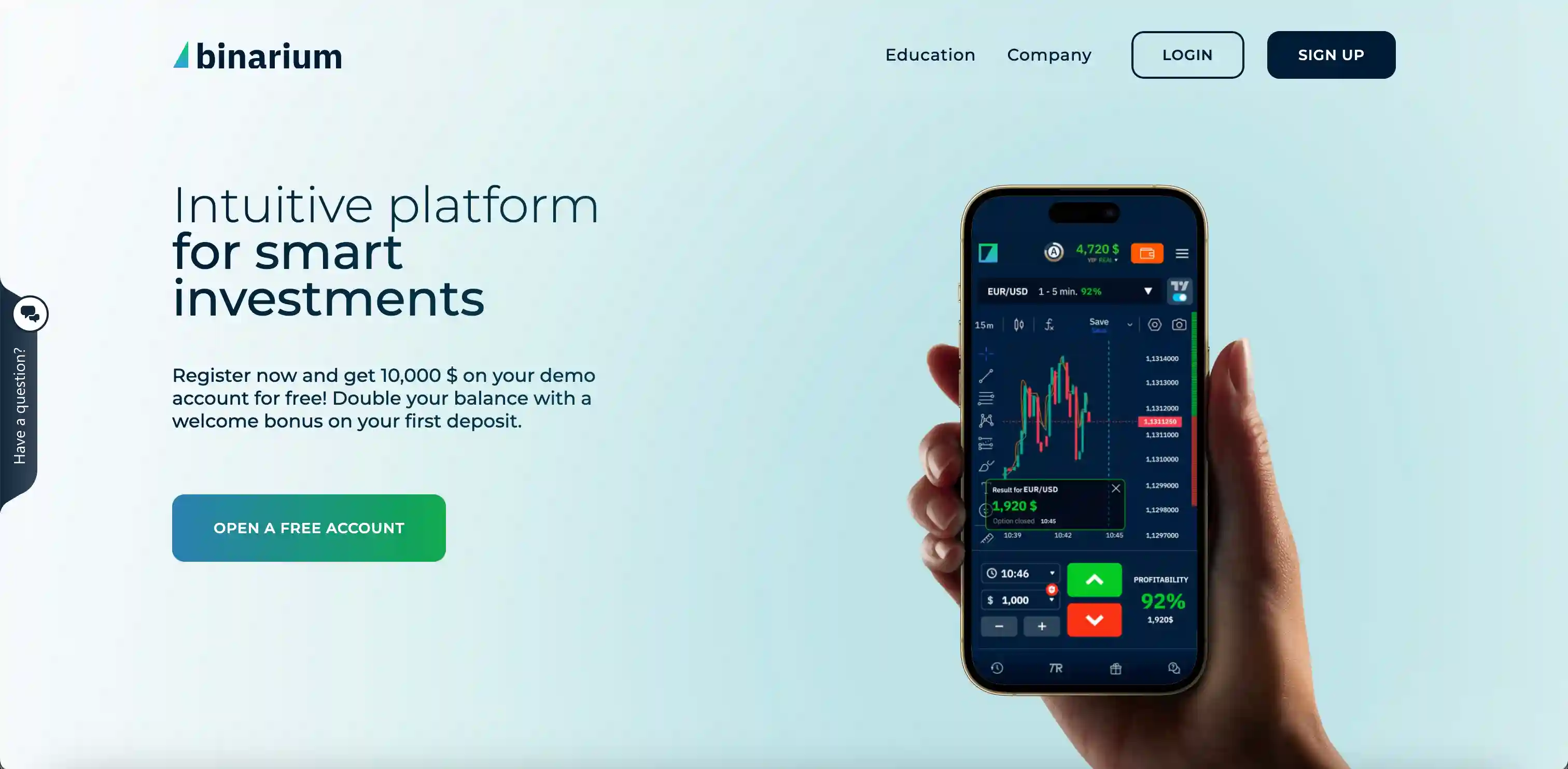 Login page on the official Binarium website — authorization form