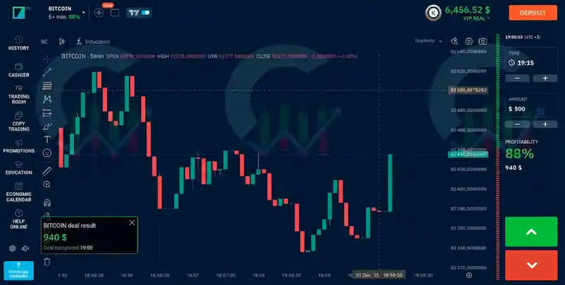 Binarium trading terminal with a Bitcoin chart and higher/lower buttons
