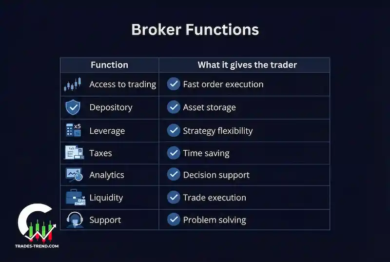 Seven key broker functions: access, custody, margin, reporting, data, liquidity, support