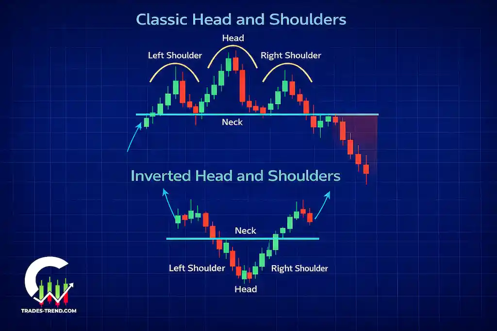 Classic and inverse head and shoulders: where the head, shoulders, and neckline are