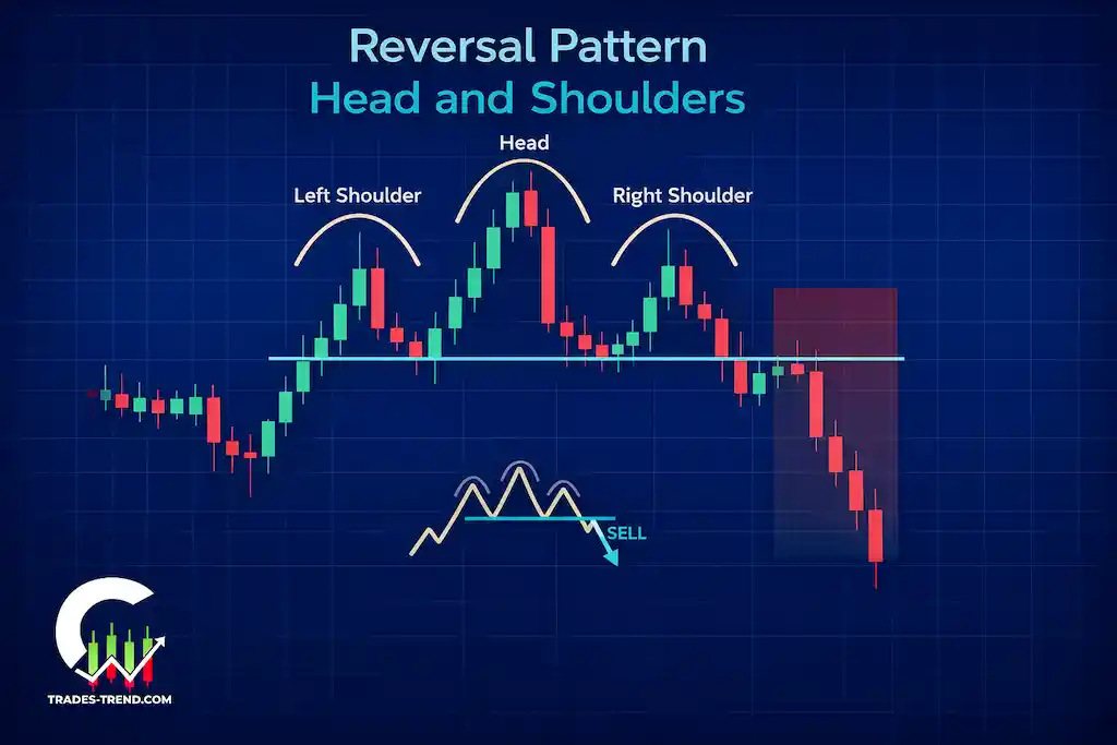 Head and shoulders reversal pattern: left shoulder, head, right shoulder, and the neckline