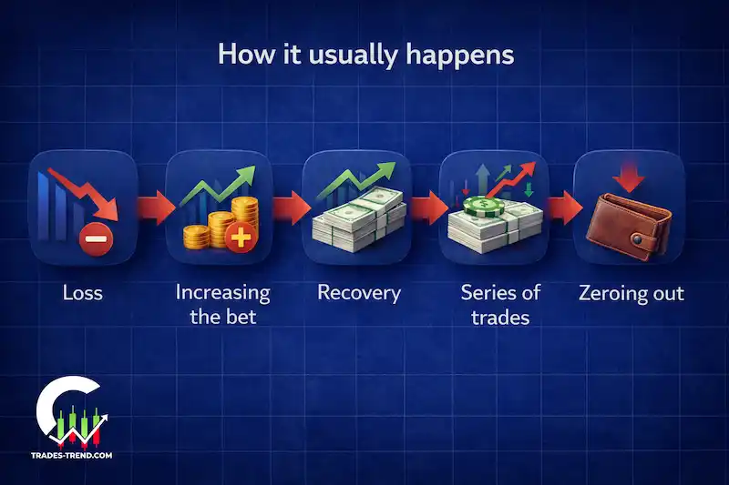 Typical ramp-up blow-up script: loss, chasing, bigger size, and a streak of impulsive trades