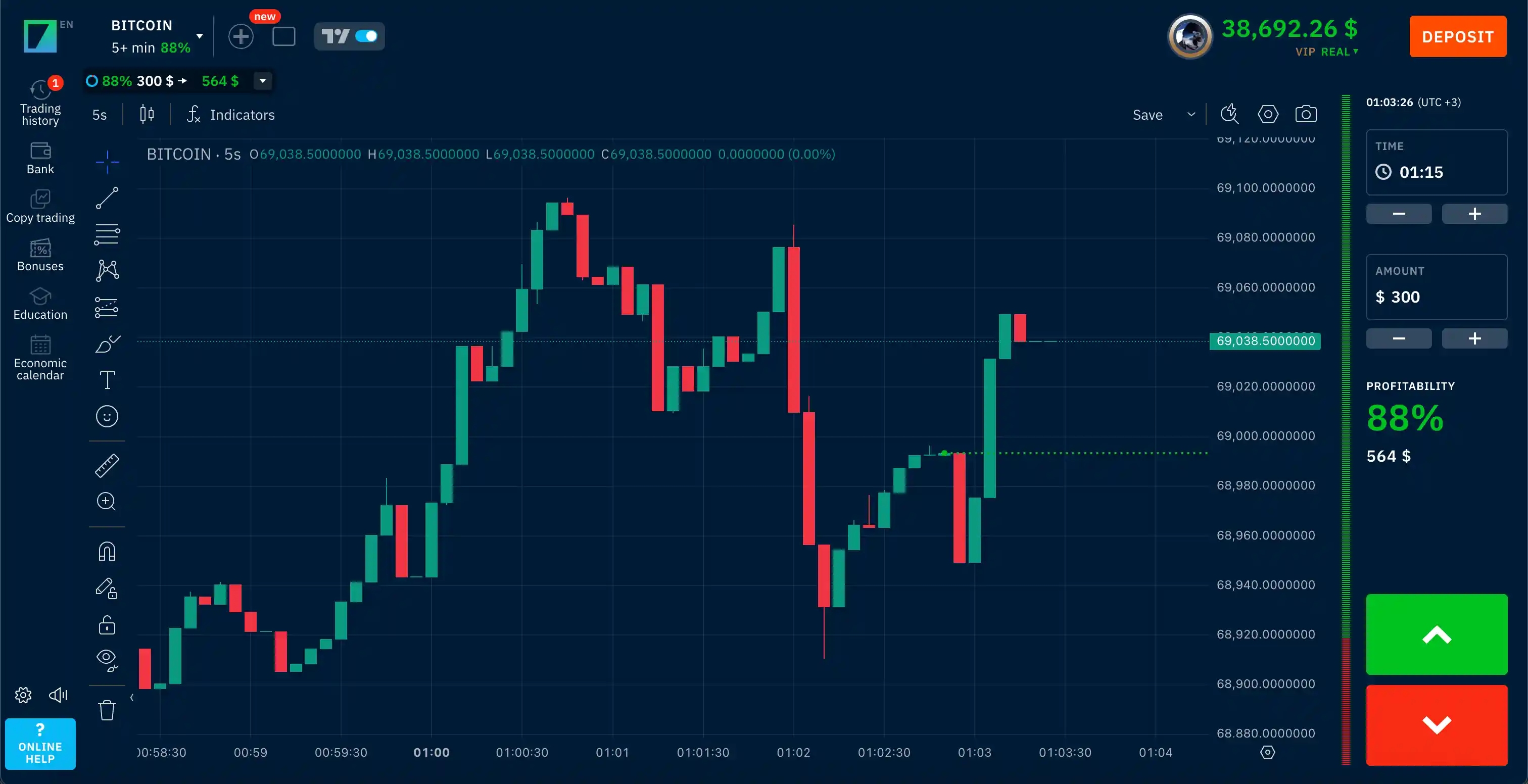 Binarium trading platform interface — the main terminal screen with a chart and trade buttons