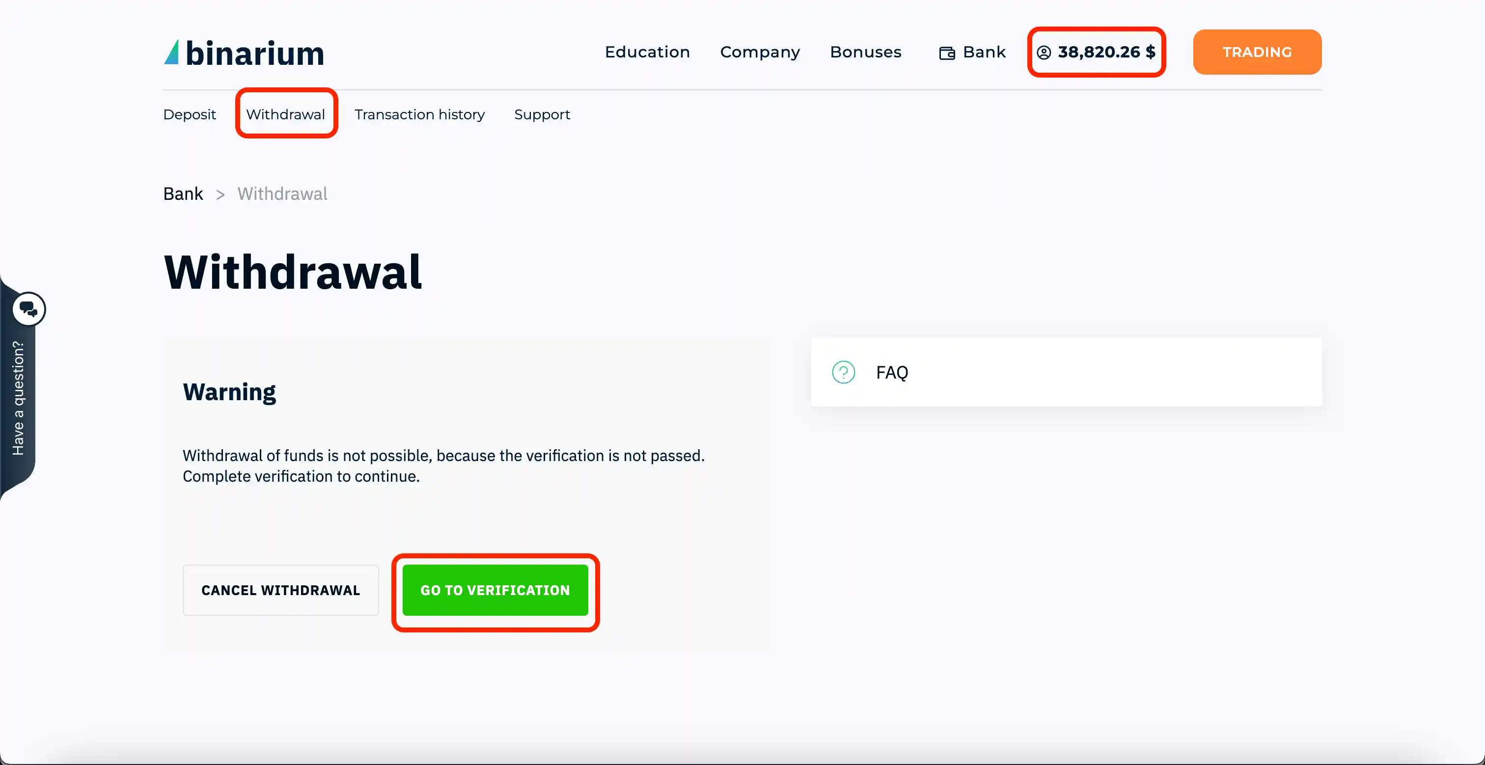 Binarium cashier interface — withdrawal section inside the account