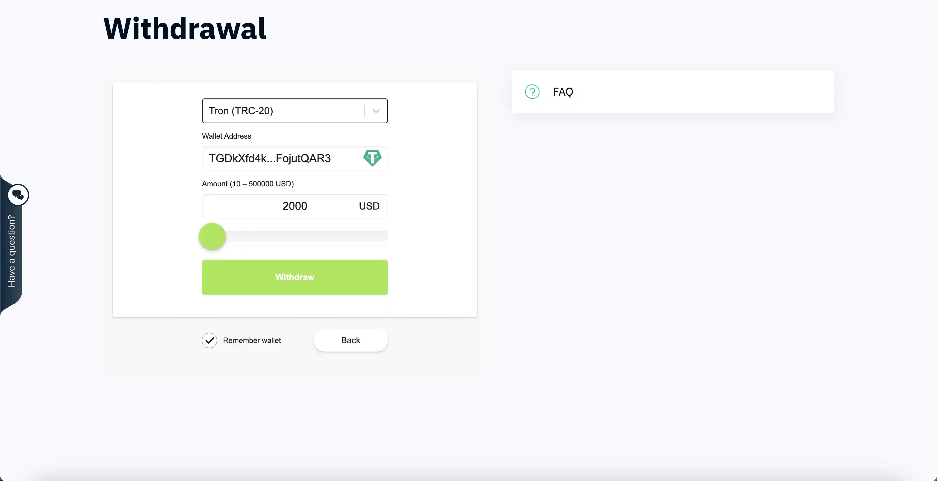 Form for entering the amount and payment details for a Binarium withdrawal