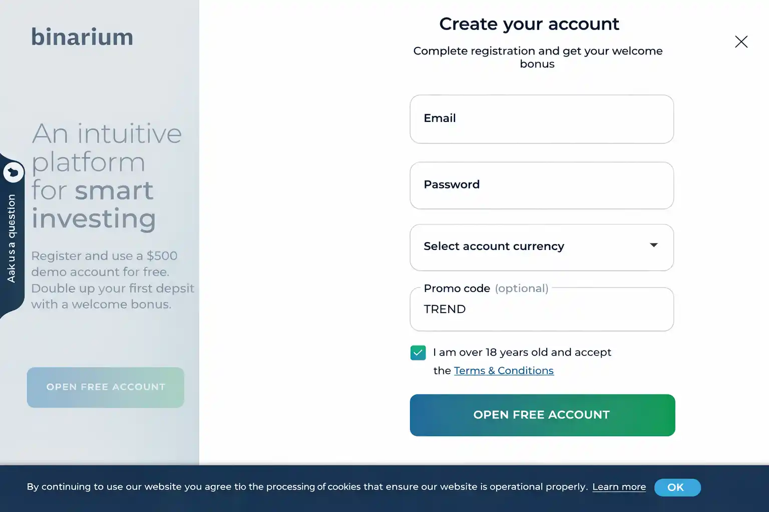 Registration and demo account: example form and promo code TREND