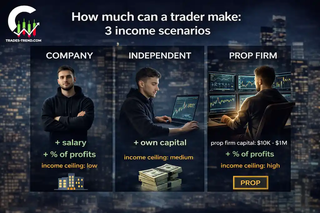 Infographic: trader income scenarios — employed, independent, and prop trading