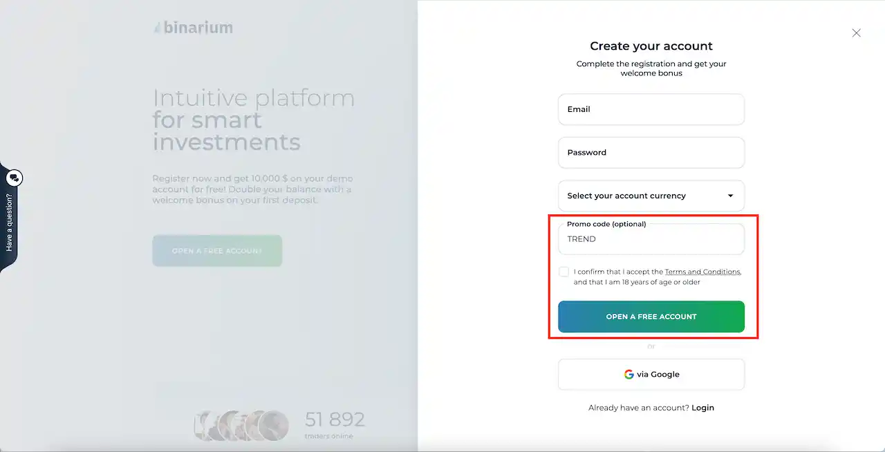 Binarium: deposit bonus with promo code TREND