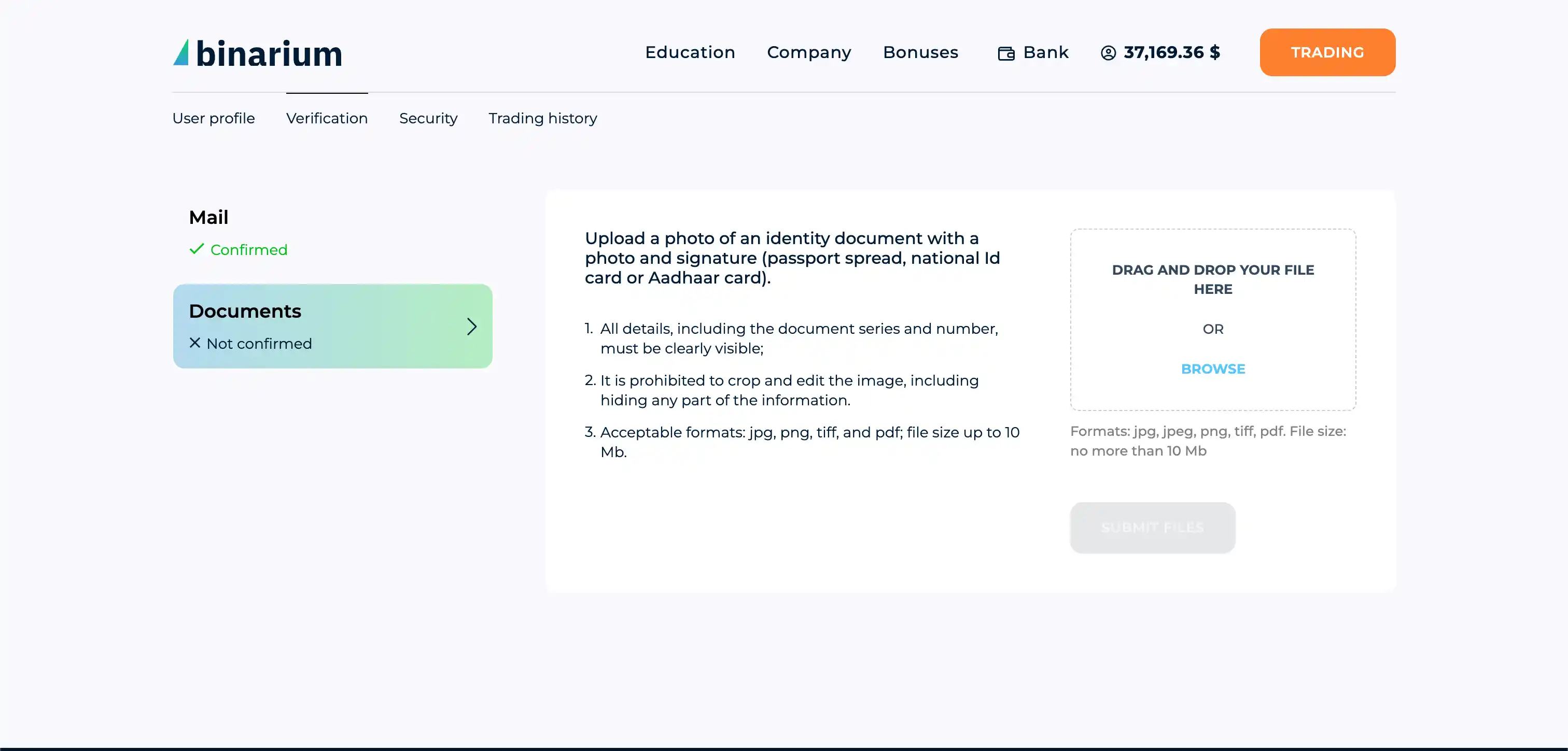Binarium verification section in the account dashboard — document upload screen