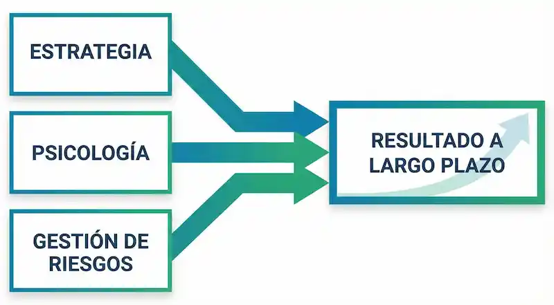Esquema: cómo estrategia, psicología y gestión de riesgos impactan el resultado a largo plazo