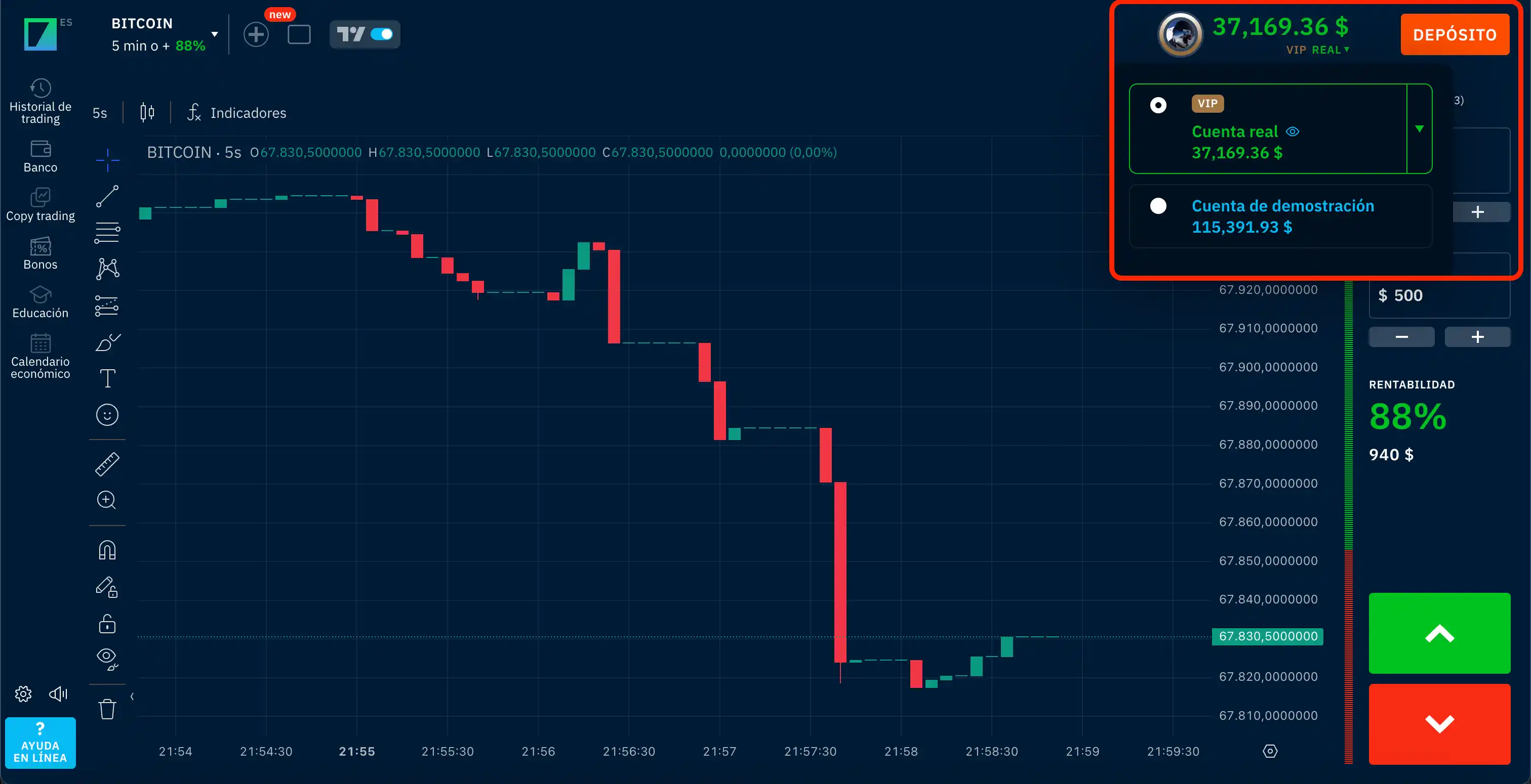 Interfaz de la cuenta demo de Binarium: saldo virtual y terminal de trading