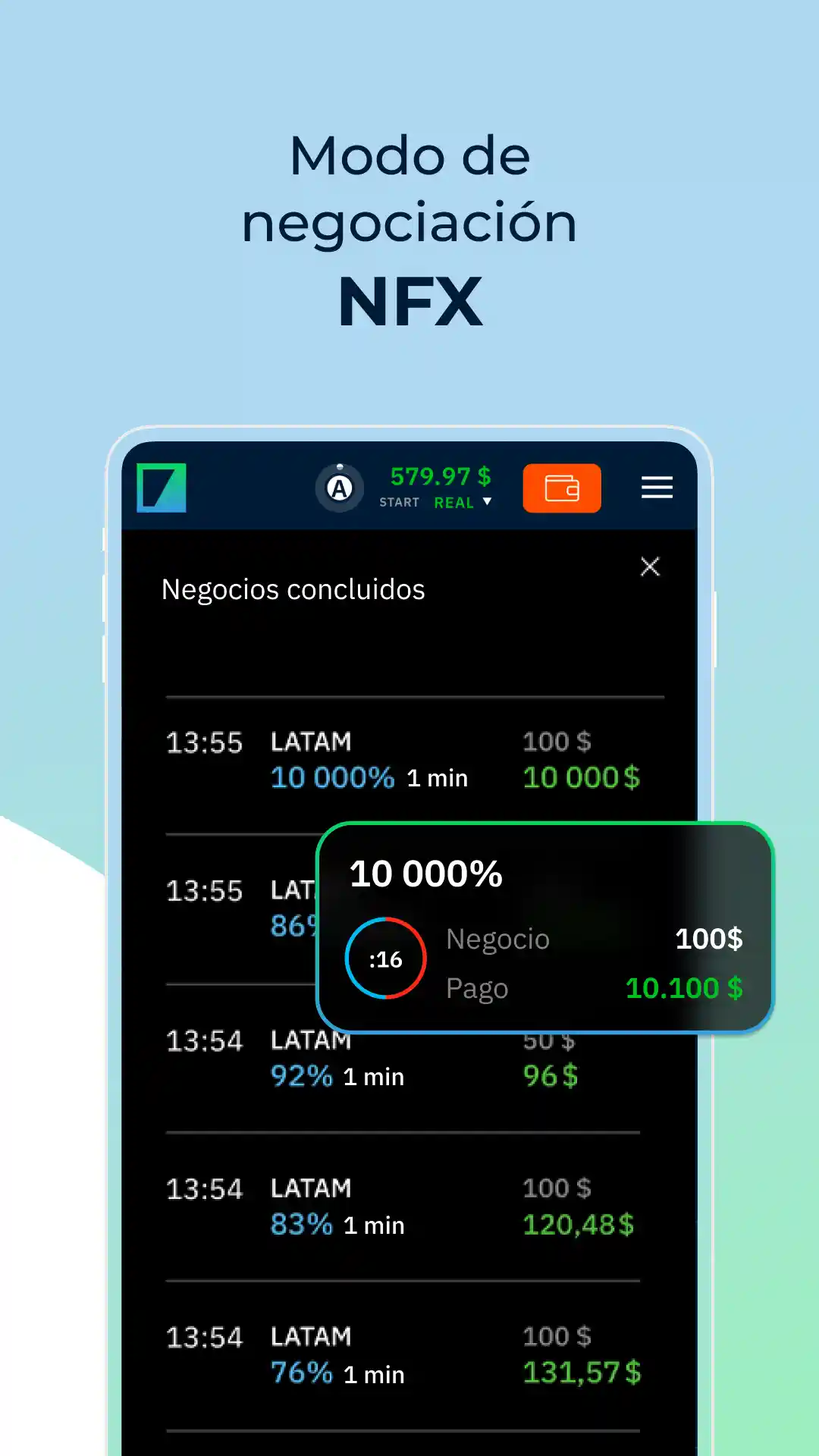 Operaciones abiertas en la app móvil de Binarium: lista de posiciones actuales y resultados