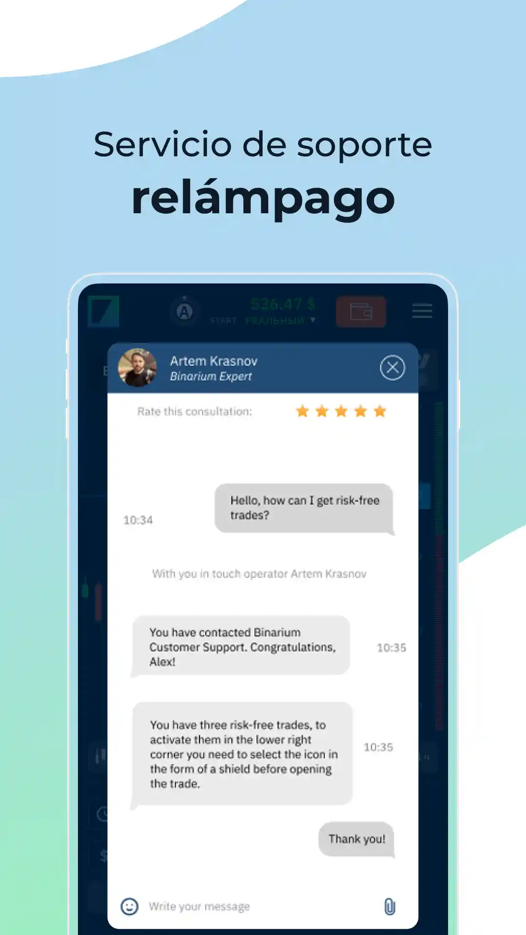 Chat de soporte de Binarium: ayuda rápida directamente desde la app móvil