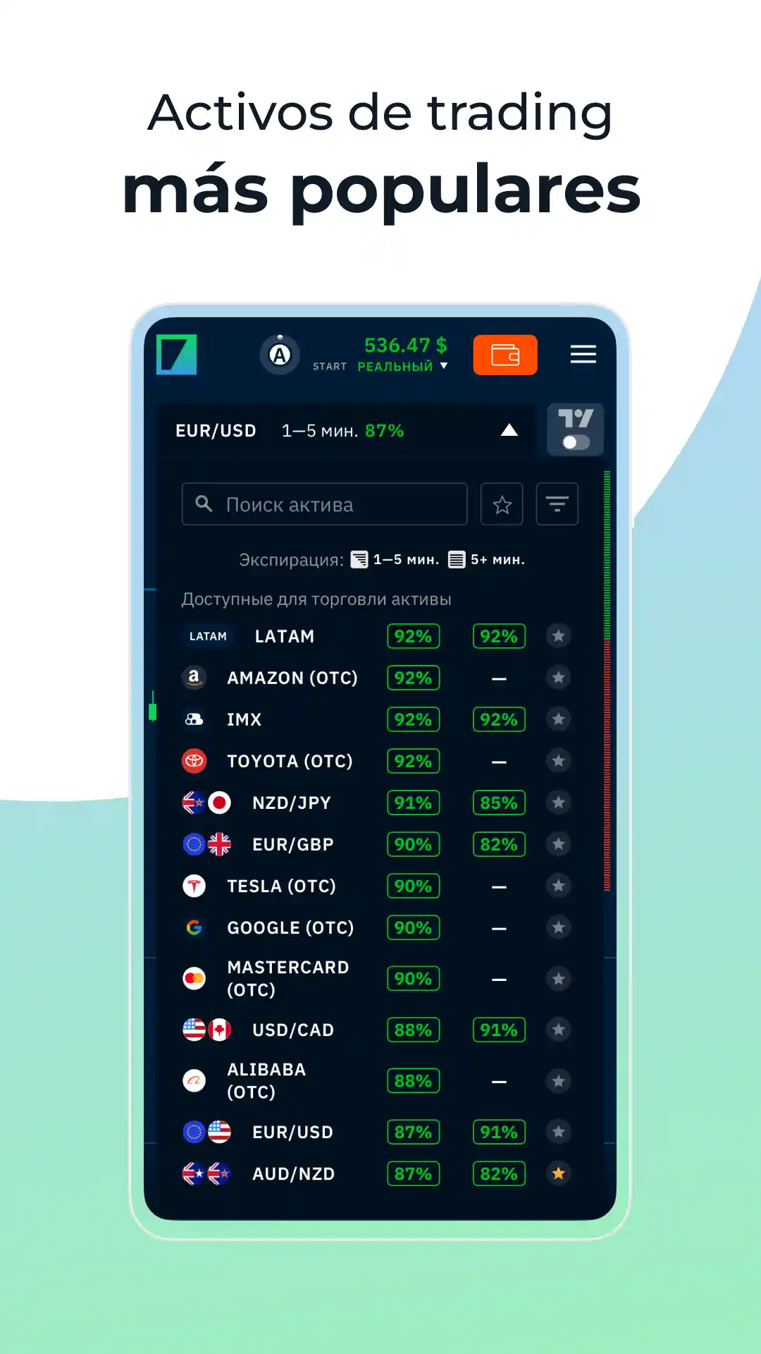 Lista de activos disponibles en la app de Binarium: búsqueda y selección de instrumentos de trading