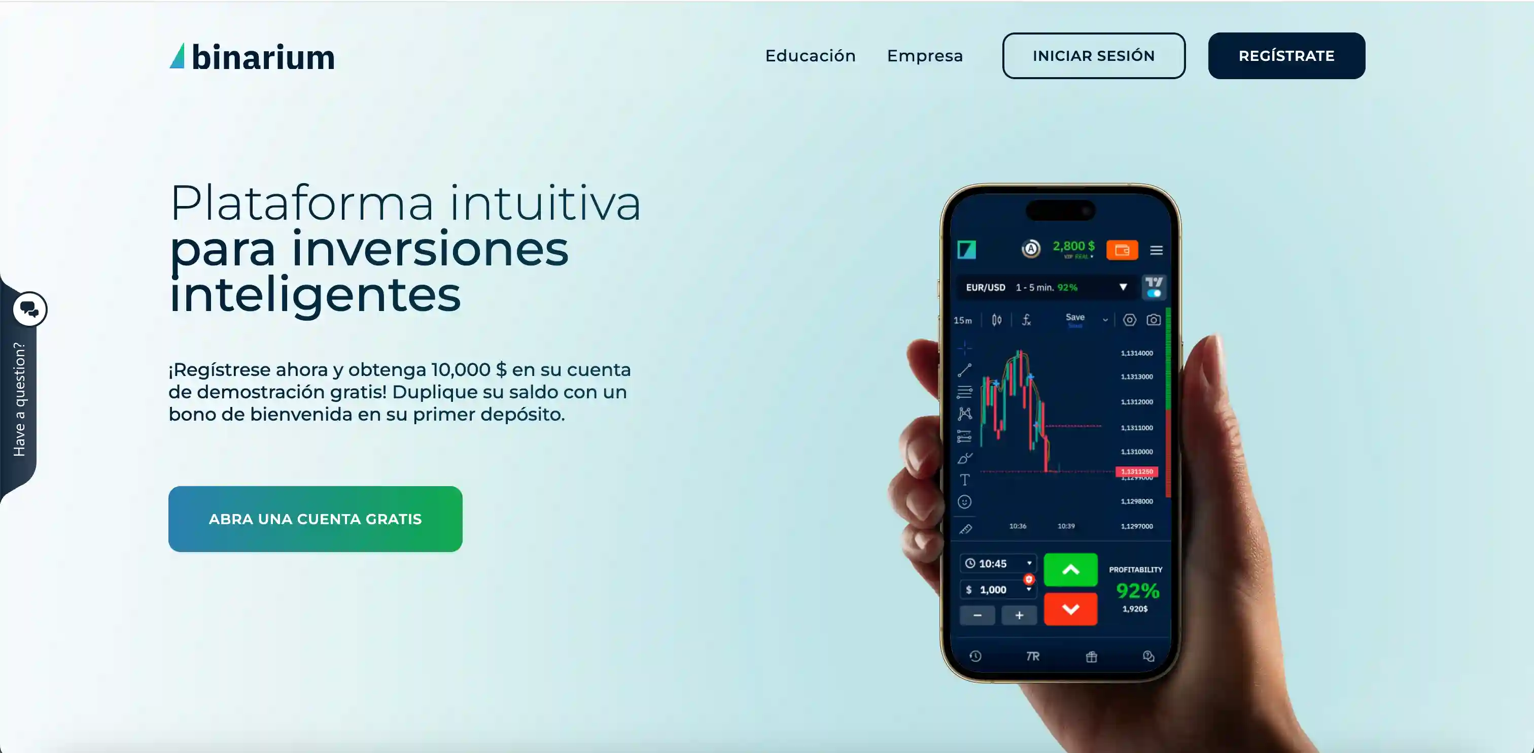Página de inicio de sesión en el sitio oficial de Binarium — formulario de autorización