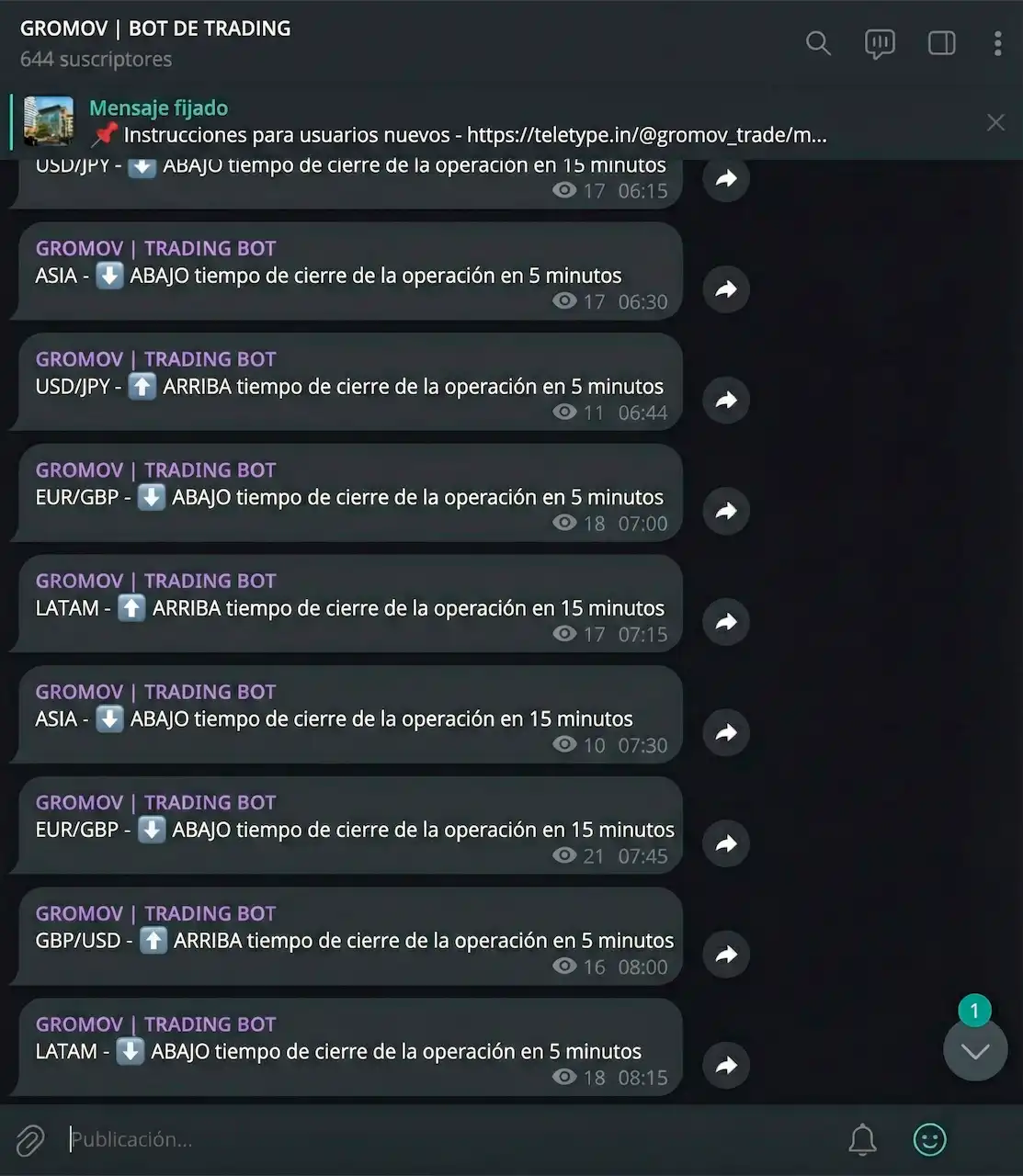 Ejemplo de señales del bot en Telegram: activo, dirección y tiempo de expiración