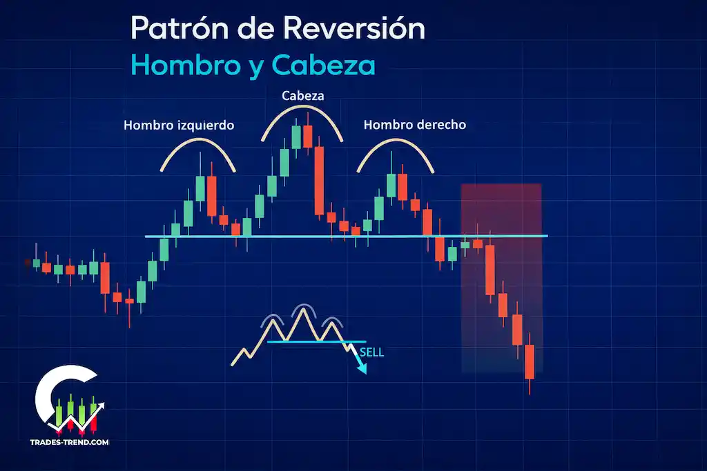 Patrón de reversión cabeza y hombros: hombro izquierdo, cabeza, hombro derecho y línea de cuello