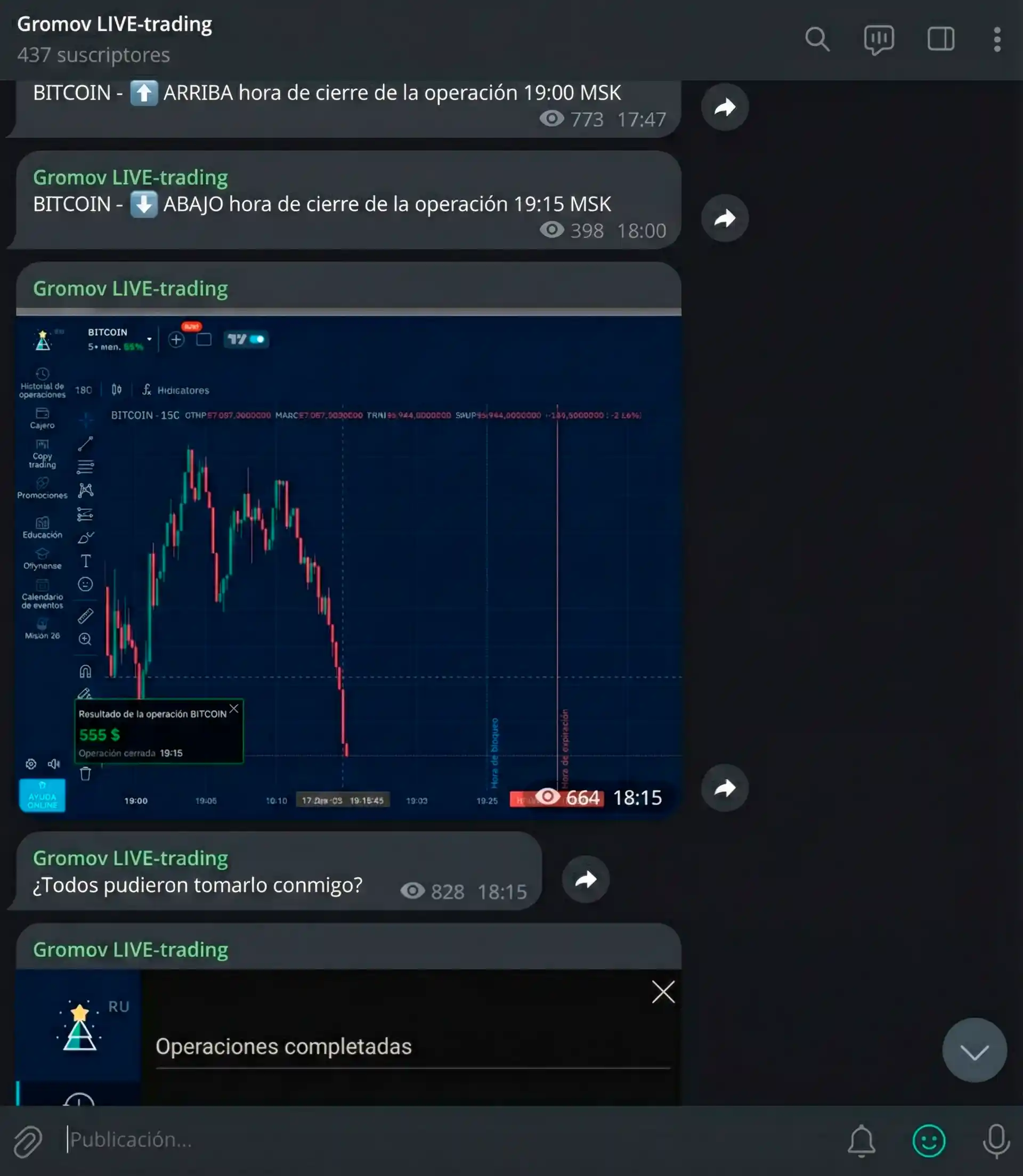Ejemplo de señal EN VIVO y operación: mensajes de Telegram y gráfico de BTC