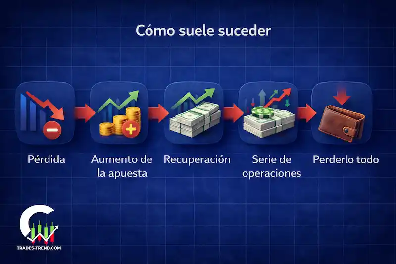 Guion típico al vaciar la cuenta al acelerar: pérdida, revancha, aumento de apuesta y cadena de operaciones impulsivas