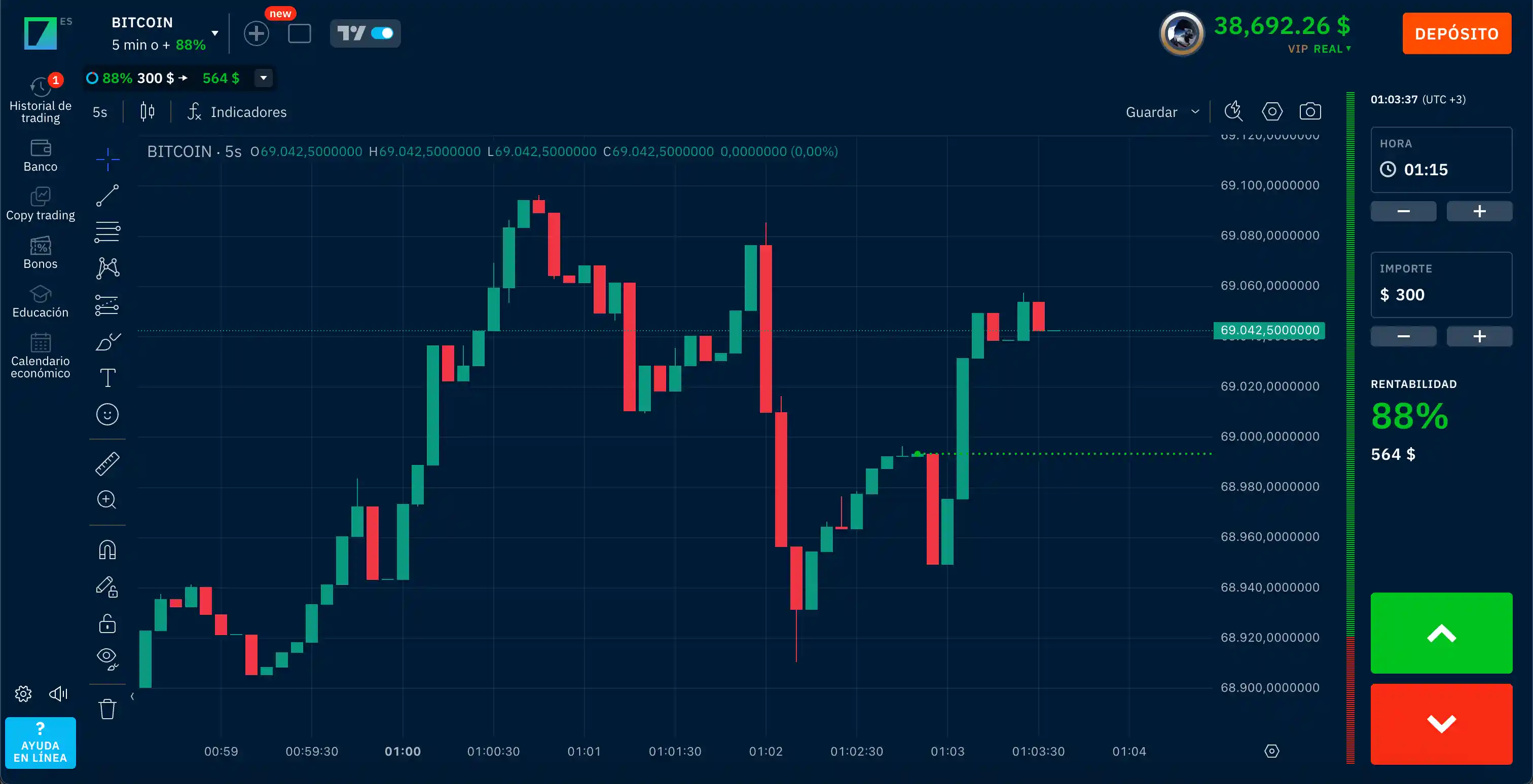 Interfaz de la plataforma de trading Binarium: pantalla principal del terminal con gráfico y botones de operación