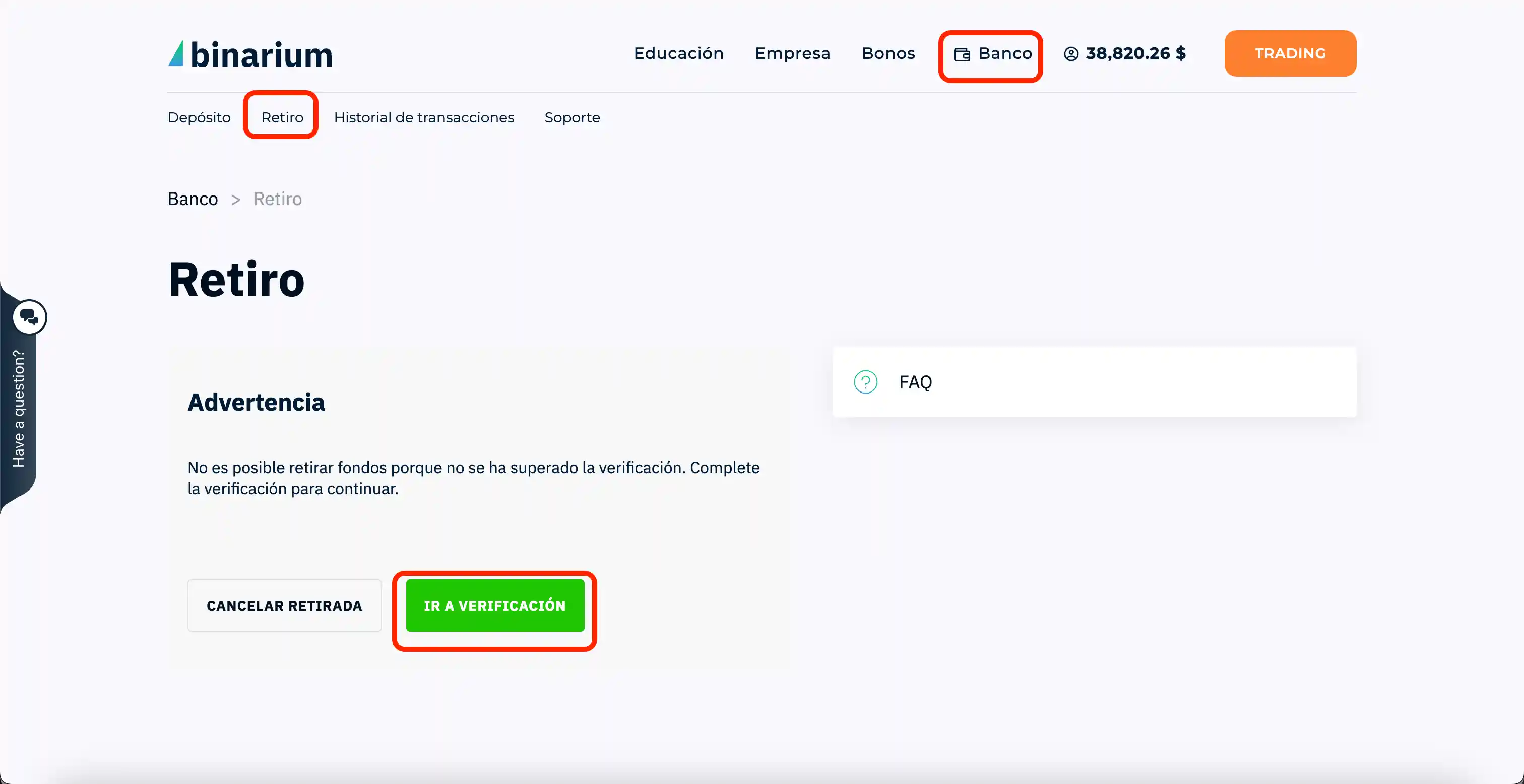 Interfaz de la caja de Binarium — sección de retiro de fondos en el panel personal