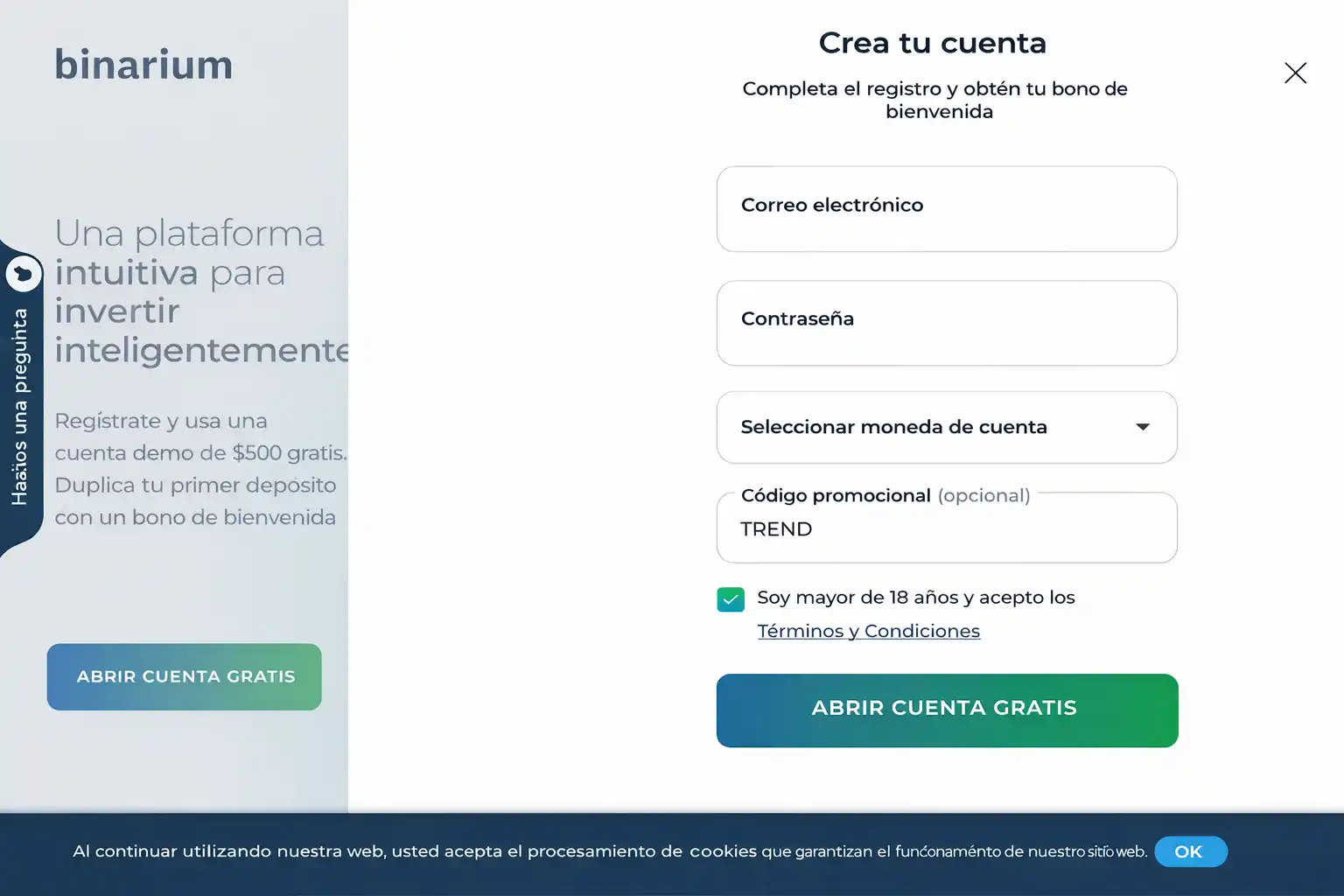 Registro y cuenta demo: ejemplo de formulario y promo code TREND
