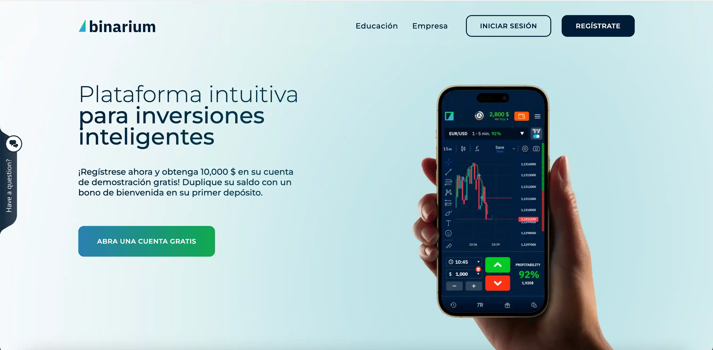 Página principal del sitio oficial de Binarium con el botón de registro destacado