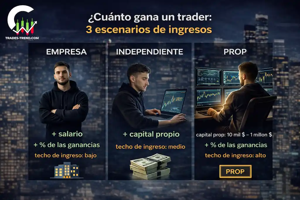 Infografía con escenarios de ingreso del trader: empleado, independiente y prop trading