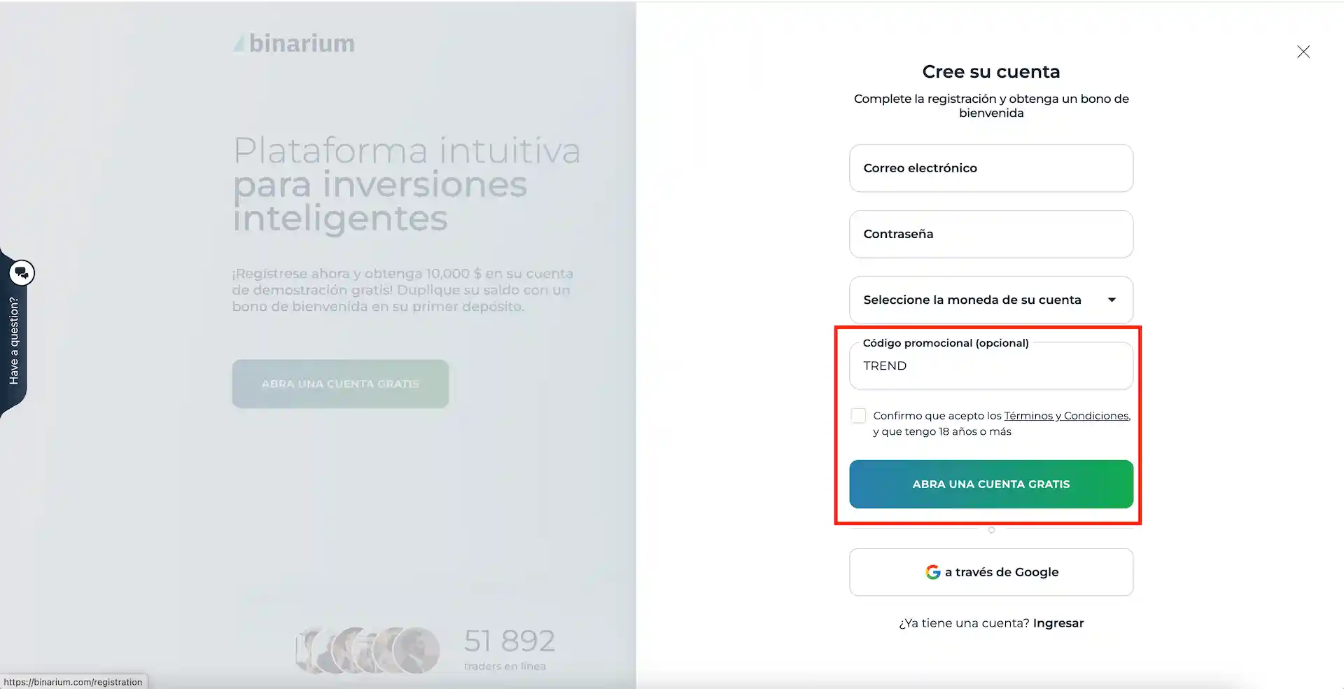 Binarium: bono al depósito con el código promocional TREND
