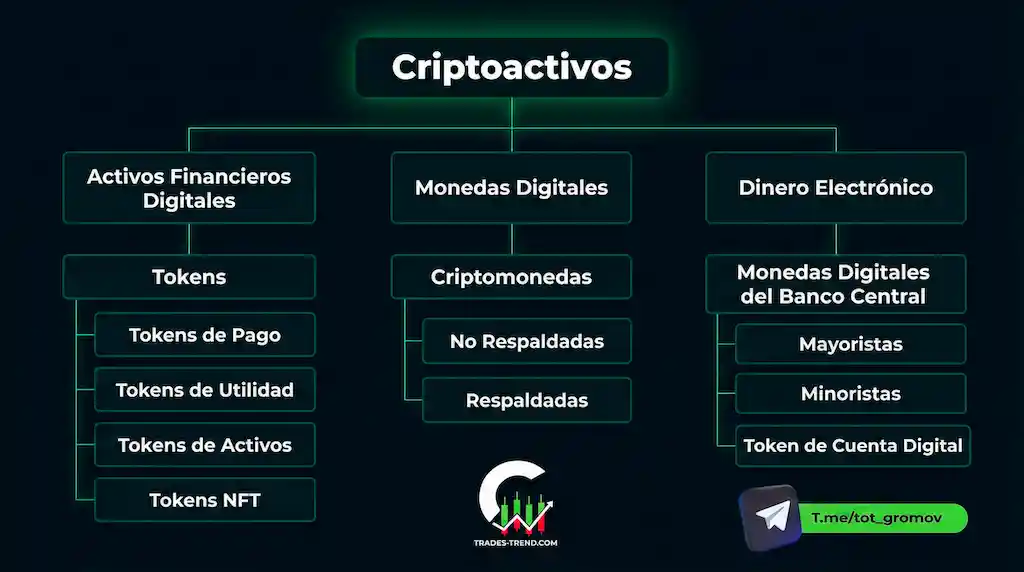 Infografía: tipos de criptomonedas — Bitcoin, altcoins, stablecoins, DeFi y memecoins