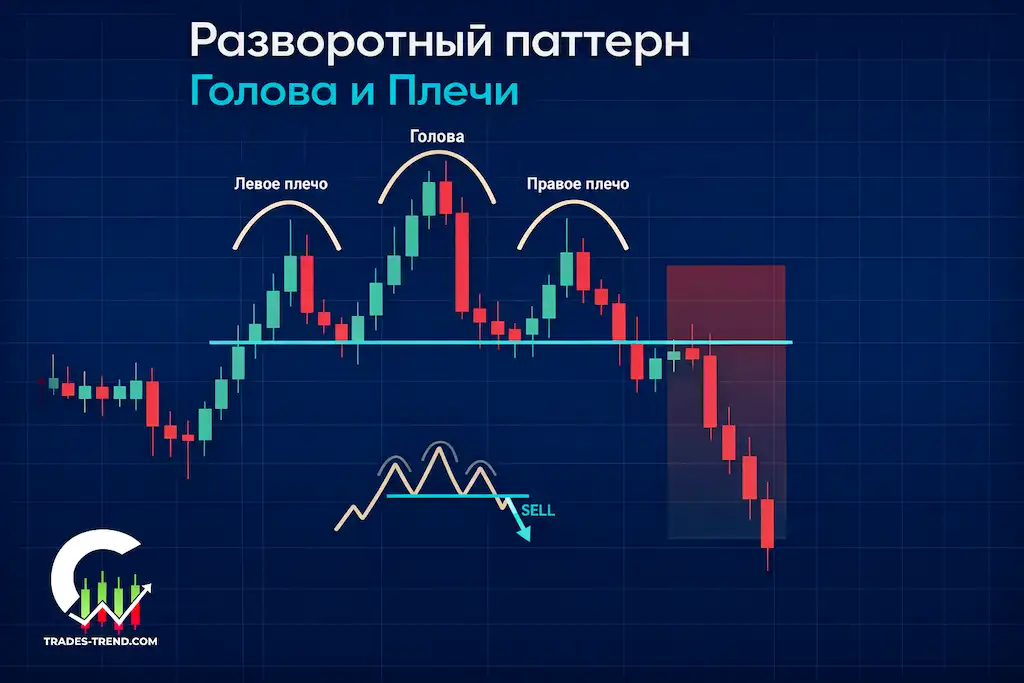 Разворотный паттерн «Голова и плечи»: левое плечо, голова, правое плечо и линия шеи