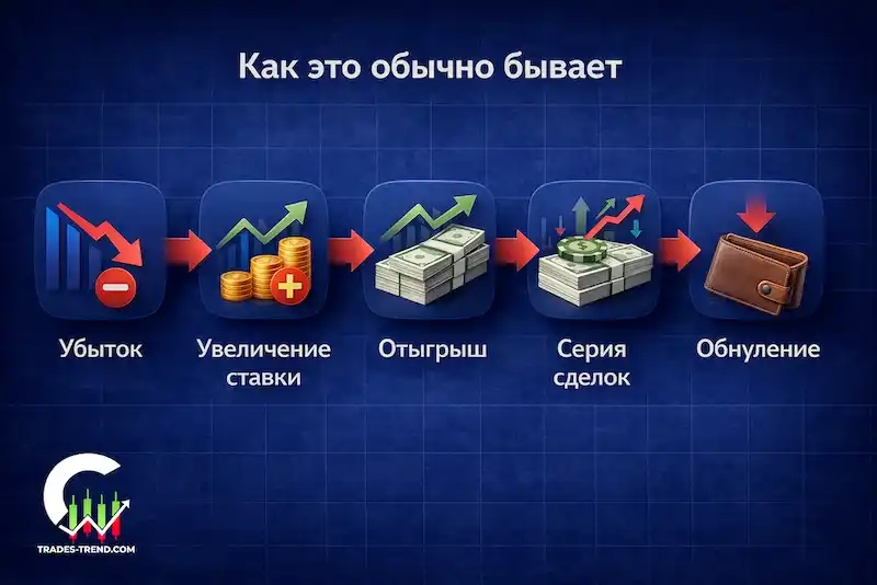 Типичный сценарий слива на разгоне: минус, отыгрыш, рост ставки и серия импульсивных сделок