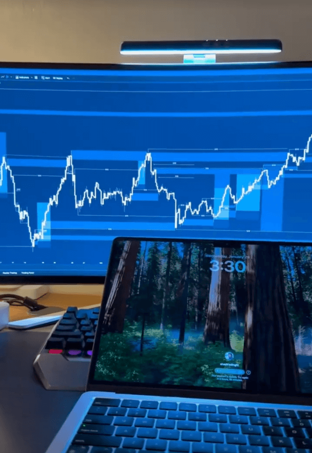 Рабочее место профессионального трейдера фьючерсами: множество мониторов и графиков