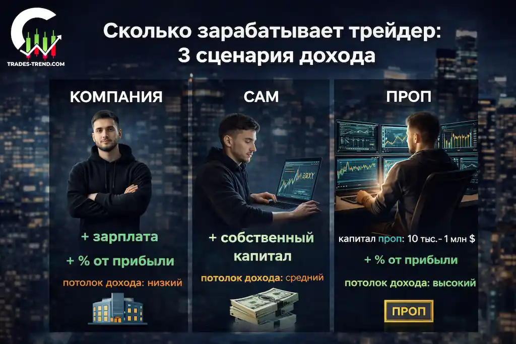 Инфографика со сценариями заработка трейдера: наёмный, частный и проп-трейдинг