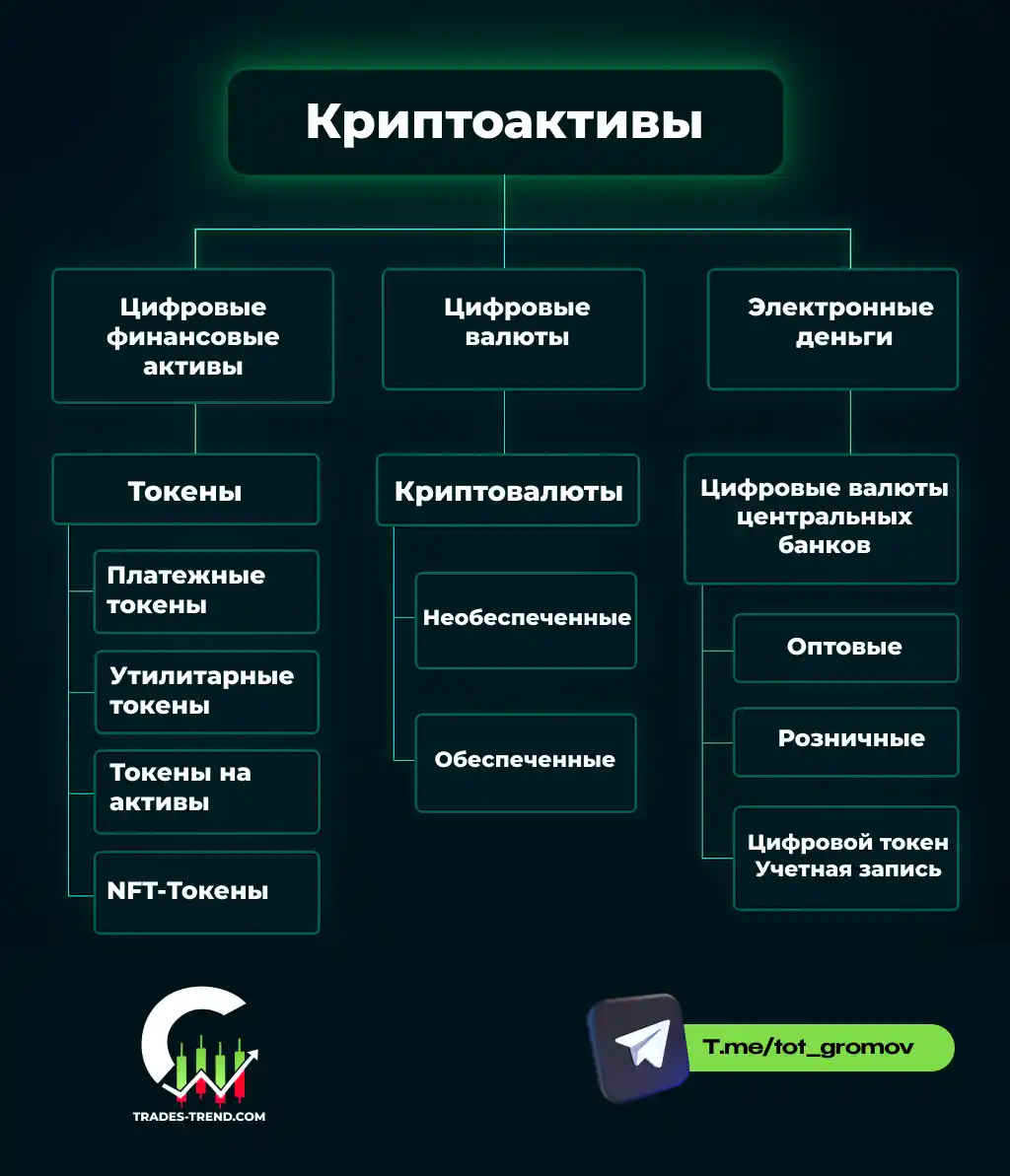 Инфографика: основные виды криптовалют — биткоин, альткоины, стейблкоины, DeFi, мемкоины